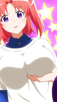1girl animated animated_gif bouncing_breasts breast_lift breasts grabbing_another&#039;s_breast groping large_breasts mikakunin_de_shinkoukei no_bra purple_eyes red_eyes red_hair solo_focus star_(symbol) star_symbol_background yonomori_kobeni