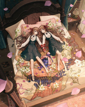 2girls absurdres black_dress blue_flower bottle bouquet brown_hair brown_shoes collared_shirt commentary_request crying desk_lamp dress flower from_above hair_ribbon hair_spread_out highres holding_hands indoors kotobuki_nashiko lamp lily_(flower) loafers long_hair long_sleeves lying multiple_girls on_back original photo_album pillow pinafore_dress pink_flower pink_petals poison purple_eyes red_ribbon ribbon shirt shoes sleeveless sleeveless_dress socks tears unworn_shoes very_long_hair white_flower white_shirt white_socks wooden_floor yellow_flower