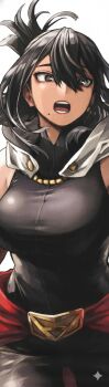 1girl absurdres belt black_bodysuit black_eyes black_hair bodysuit boku_no_hero_academia breasts cape colorized female_focus highres horikoshi_kouhei large_breasts leather long_hair long_image looking_at_viewer mole mole_under_mouth official_art open_mouth ponytail sexually_suggestive shimura_nana solo solo_focus superhero_costume tight_clothes white_cape