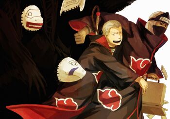 2boys akatsuki_uniform briefcase closed_eyes forehead_protector green_eyes grey_hair hidan_(naruto) highres holding holding_briefcase hug kakuzu_(naruto) male_focus mask money mouth_mask multiple_boys naruto_(series) naruto_shippuuden ninja ninja_mask open_mouth short_hair simple_background smile white_background yi_(199702090505)