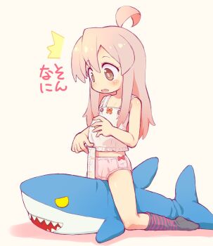 1girl ahoge black_socks blush brown_eyes brown_hair camisole female_focus full_body highres kneeling loli long_hair measuring onii-chan_wa_oshimai! open_mouth oyama_mahiro panties penis_measuring ruler sakurabe_notos socks solo straddling striped_clothes striped_socks stuffed_animal stuffed_shark stuffed_toy surprised thighs underwear underwear_only white_camisole white_panties