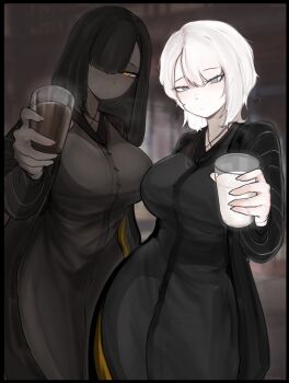 2girls black_coat black_hair black_hanfu blue_eyes breadiwe breasts chinese_clothes chocolate_milk closed_mouth coat commentary cross-laced_clothes cup dark-skinned_female dark_skin english_commentary faust_(project_moon) glowing glowing_eyes hair_between_eyes hair_intakes hair_over_one_eye hand_up hanfu heishou_pack-mao_branch_(identity)_(project_moon) highres holding holding_cup large_breasts long_hair long_sleeves milk multiple_girls parted_bangs reaching reaching_towards_viewer short_hair straight_hair twitter_username very_dark_skin white_hair yellow_eyes zilu_(project_moon)