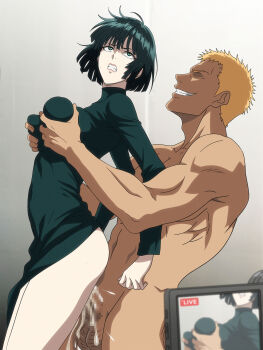 1boy 1girl absurdres blonde_hair breasts censored clothed_female_nude_male cum dress ejaculation faceless faceless_male from_side fubuki_(one-punch_man) grabbing_another's_breast grabbing_from_behind gradient_background green_dress green_eyes green_hair groping gyaruo hetero highres large_breasts long_sleeves mosaic_censoring nude one-punch_man penis rape recording salmon_knight sex sex_from_behind short_hair standing standing_sex testicles thighs variant_set white_background