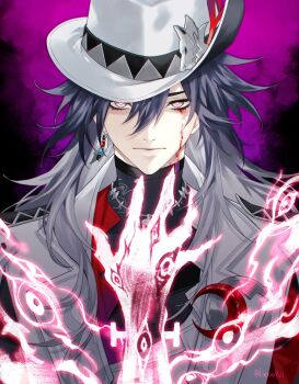 Rule 34 | 1boy, ashveil (honkai: star rail), black hair, black shirt, blood, blood on face, commentary, crescent, crescent pin, fedora, gradient hair, hat, hat ornament, highres, honkai: star rail, honkai (series), jacket, jewelry, lapel pin, liexxx9xi, long hair, looking at viewer, male focus, multicolored hair, necklace, purple eyes, shirt, solo, tooth necklace, turtleneck, white hair, white hat, white jacket