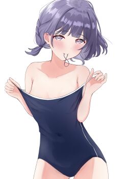 1girl absurdres black_hair blue_one-piece_swimsuit breasts clothes_pull commentary_request competition_school_swimsuit covered_navel cowboy_shot gakuen_idolmaster hair_tie_in_mouth hataya_misuzu highres idolmaster kirishima_(rxhr3422) low_ponytail mouth_hold one-piece_swimsuit one-piece_swimsuit_pull ponytail purple_eyes school_swimsuit short_hair simple_background small_breasts solo swimsuit white_background