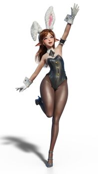 1girl 3d absurdres animal_ears archived_source black_leotard black_pantyhose blue_eyes brown_hair cheering drawfag facing_viewer fake_animal_ears female_focus full_body gloves heroes_of_incredible_tales heroes_of_incredible_tales_2 high_heels highres kiki_(heroes_of_incredible_tales) leotard loli looking_at_viewer looking_up pantyhose playboy_bunny pointy_ears rabbit_ears shadow simple_background smile solo transparent_background white_gloves wide_hips