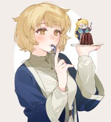 Rule 34 | 2girls, artist name, blonde hair, blue capelet, blue jacket, brown background, capelet, chibi, collared shirt, dungeon meshi, falin touden, falin touden (tallman), food, green eyes, hands up, highres, holding, holding plate, holding spoon, index finger raised, jacket, kei (momojellyfish), light blush, long sleeves, marcille donato, mini person, minigirl, multiple girls, open clothes, open jacket, plate, pudding, shirt, short hair, signature, simple background, size difference, solo focus, spoon, swept bangs, upper body, white background, white shirt, wide sleeves, yellow eyes