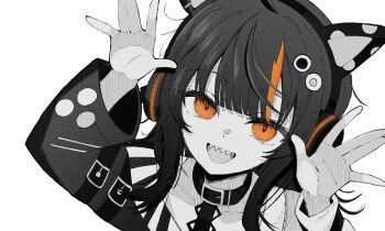 Rule 34 | 1girl, :d, ahoge, animal ear headphones, animal ears, belt, blunt bangs, cat ear headphones, cat ears, collar, commentary request, fake animal ears, hands up, headphones, highres, long sleeves, looking at viewer, mahou shoujo no majo saiban, multicolored hair, open hands, open mouth, orange eyes, sawatari coco, sharp teeth, sihat 13, simple background, smile, solo, spot color, streaked hair, sweater, teeth, upper body, white background