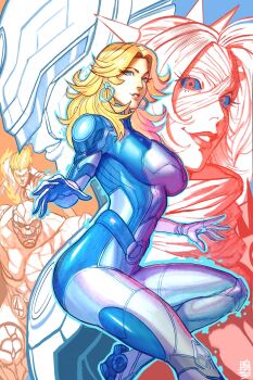 1girl 3boys acecore2k ben_grimm blonde_hair blue_bodysuit blue_eyes bodysuit breasts brother_and_sister commentary dark_persona dual_persona earrings english_commentary fantastic_four highres hoop_earrings husband_and_wife jewelry johnny_storm large_breasts long_hair looking_to_the_side malice_(sue_storm) marker_(medium) marvel marvel_rivals mixed_media multicolored_bodysuit multiple_boys parted_lips pen_(medium) profile reed_richards siblings silver_earrings sue_storm superhero_costume the_maker_(marvel) traditional_media white_bodysuit