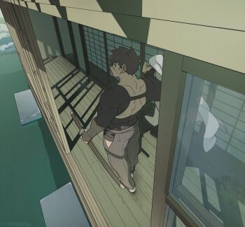 1boy back brown_eyes brown_hair commentary cyp1a2 doudanuki_masakuni from_above highres holding holding_sword holding_towel holding_weapon indoors looking_at_viewer looking_back male_focus scar scar_on_face short_hair solo sword symbol-only_commentary touken_ranbu towel walking weapon