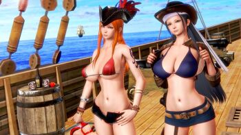 2girls 3d apple artist_request barrel belt bikini bikini_top_only black_hair blue_eyes bottle bracelet breasts brown_eyes cannon cleavage curvy denim denim_shorts food fruit glass hat hip_focus jacket jewelry large_breasts long_hair multiple_girls nami_(one_piece) navel nico_robin ocean one_piece orange_hair outdoors pirate_hat ship shorts sky source_request stomach swimsuit tattoo thighs watercraft wide_hips