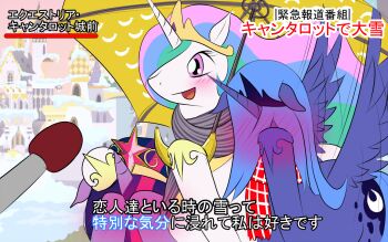 aqua_hair bad_id bad_pixiv_id banana blush covering_face cutie_mark food fruit hayabusa_takatobi holding house incest interview meme microphone multicolored_hair my_little_pony my_little_pony:_friendship_is_magic no_humans open_mouth parody pink_eyes pony_(animal) princess_celestia princess_luna princess_luna_(young) scarf siblings sisters snow special_feeling_(meme) tiara twilight_sparkle umbrella unicorn wings