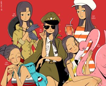 1girl ^_^ bag beard bird black_gloves black_hair blunt_bangs cesel closed_eyes collared_shirt commentary cup facial_hair flamingo gloves green_necktie hair_bun hair_slicked_back hat holding holding_cup multiple_views necktie nico_robin one_piece red_background shirt shoulder_bag simple_background skirt sleeveless smile sparkle sunglasses white_hat