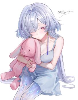 1girl alternate_costume bare_shoulders breasts cleavage collarbone colored_eyelashes commentary dress earrings english_commentary english_text grey_dress grey_hair hair_over_one_eye highres holding holding_stuffed_toy jewelry long_hair medium_breasts mornye_(wuthering_waves) red_eyes see-through_body simple_background solo stuffed_animal stuffed_toy triangle_earrings white_background whywumi wuthering_waves