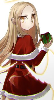 1girl angel_notes angel_wings blonde_hair blush box breasts capelet dress forehead fur-trimmed_capelet fur-trimmed_dress fur_trim gift gift_box halo highres long_hair long_sleeves looking_at_viewer looking_back parted_bangs red_capelet red_dress santa_costume santa_dress small_breasts solo thighs v/v wings yellow_eyes yubeshi_(zecxl)