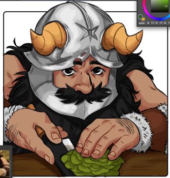 1boy beard cutting cutting_board dungeon_meshi dwarf facial_hair fake_horns hand_hair helmet highres horned_helmet horns long_beard looking_at_viewer male_focus mature_eyes mature_male merchandise_available mustache sabrimatsudesuu senshi_(dungeon_meshi) solo thick_mustache unfinished very_long_beard