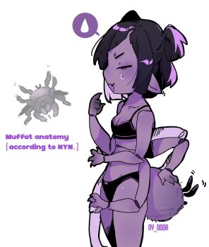 1girl arthropod_girl black_bra black_panties bra chibi claws closed_eyes collarbone colored_skin deltarune extra_arms frills from_side highres insect_girl lace lace-trimmed_bra lace_trim monster_girl muffet navel ny_000a panties pointing pointing_at_self pointy_ears purple_skin short_hair short_twintails simple_background spider_girl sweatdrop tail twintails undertale underwear utdr_(toby_fox)