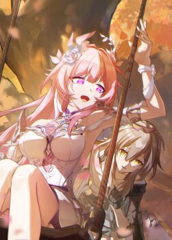 2girls absurdres armpits black_coat black_gloves breasts coat cyrene_(demiurge)_(honkai:_star_rail) cyrene_(honkai:_star_rail) diamond-shaped_pupils diamond_(shape) dress flower gloves grey_hair hair_flower hair_ornament hashtag-only_commentary highres honkai:_star_rail honkai_(series) long_hair medium_breasts medium_hair multiple_girls on_swing open_mouth pink_hair purple_eyes stelle_(honkai:_star_rail) swing symbol-shaped_pupils trailblazer_(honkai:_star_rail) tree very_long_hair white_dress xan_yu yellow_eyes