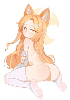 1girl absurdres animal_ears ass bad_tag blonde_hair blue_archive blush elbow_gloves female_focus flat_chest fox_ears fox_girl gloves halo highres legs loli long_hair looking_at_viewer looking_back noxtwice nude seia_(blue_archive) simple_background sitting solo thighhighs thighs white_background white_thighhighs yellow_eyes
