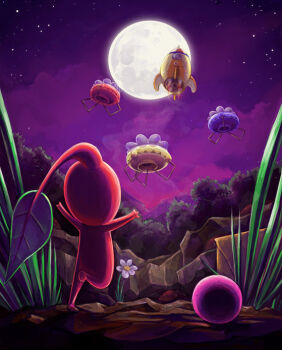 berry cloud colored_skin creature creature_focus flower from_behind full_moon grass h0lyhandgrenade leaf leg_up moon night night_sky nintendo no_humans onion_(pikmin) outdoors outstretched_arms pikmin_(creature) pikmin_(series) pikmin_1 purple_sky red_pikmin red_skin s.s._dolphin sky solo star_(sky) starry_sky white_flower