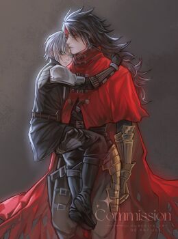 Rule 34 | 2boys, absurdres, aged down, armor, black boots, black coat, black gloves, black hair, black pants, boots, cape, carrying, carrying person, cloak, coat, commentary, commission, feet out of frame, final fantasy, final fantasy vii, final fantasy vii: ever crisis, gauntlets, gloves, gradient background, green eyes, grey hair, headband, highres, long hair, male focus, multiple boys, nubecita art, pants, red cape, red cloak, red eyes, red headband, sephiroth, sephiroth (ever crisis), short hair, shoulder armor, single gauntlet, symbol-only commentary, vincent valentine