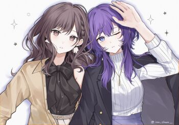 2girls arm_up asahina_mafuyu black_shirt braid breasts brown_eyes brown_hair commentary earrings flower_earrings hair_down ioo_chan jewelry lapels layered_clothes long_hair long_sleeves looking_at_viewer multiple_girls necklace notched_lapels official_alternate_costume official_alternate_hair_length official_alternate_hairstyle one_eye_closed open_hand parted_lips project_sekai purple_eyes purple_hair shinonome_ena shirt simple_background single_braid sparkle star_(symbol) sweater turtleneck turtleneck_sweater twitter_username upper_body white_background white_sweater zozotown