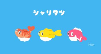 alternate_color black_eyes blue_background bright_pupils colored_skin fins fish fish_(food) food highres ikura_(food) nigirizushi nintendo no_humans orange_skin pink_skin pokemon pokemon_(creature) pokemon_focus pokemon_sv rice ririkopoke sushi tatsugiri white_pupils yellow_skin