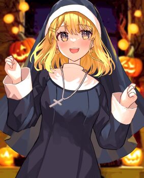 1girl black_dress black_veil blonde_hair commentary_request commission cross cross_necklace dress earrings grey_eyes highres indie_virtual_youtuber jack-o'-lantern jewelry kishiro_lemo_(vtuber) long_sleeves medium_hair multicolored_eyes necklace nun open_mouth rum_raisin_(chihiromakita19) second-party_source smile solo traditional_nun upper_body veil virtual_youtuber yellow_eyes