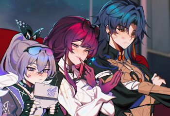 1boy 2girls absurdres applying_makeup bandaged_hand bandages black-framed_eyewear black_choker black_coat black_gloves black_jacket black_ribbon blade_(honkai:_star_rail) blue-tinted_eyewear blue_hair blue_sky blush breasts chinese_clothes choker closed_mouth cloud coat collared_shirt commentary cosmetics couch crossed_arms crossed_bangs earrings empty_eyes english_commentary fingerless_gloves fur-trimmed_jacket fur_trim gloves goggles goggles_on_head gradient_hair grey_eyes grey_hair hair_between_eyes hair_ribbon hand_mirror handheld_game_console hands_up high_ponytail highres holding holding_handheld_game_console holding_lipstick_tube holding_mirror honkai:_star_rail honkai_(series) implied_after_kiss indoors jacket jewelry juliet_sleeves kafka_(honkai:_star_rail) large_breasts lipstick_mark lipstick_mark_on_face lipstick_tube long_hair long_sleeves looking_afar looking_at_object low_ponytail memeh mirror multicolored_hair multiple_girls multiple_rings on_couch open_clothes open_jacket pink-tinted_eyewear pink_gloves pink_lips pink_pupils ponytail puffy_long_sleeves puffy_sleeves purple_eyes purple_hair red_eyes ribbon ring round_eyewear shirt sidelocks silver_wolf_(honkai:_star_rail) single_earring sitting sky smile space spider_web_print star_(sky) stellaron_hunters_(honkai:_star_rail) sunglasses sweatdrop teeth tinted_eyewear upper_body white_shirt window