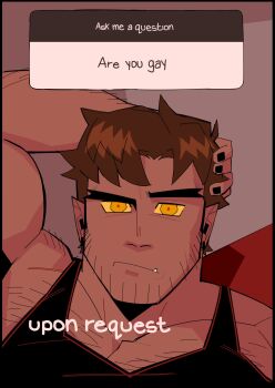 1boy arm_behind_head bara biceps black_tank_top brown_hair caption chest_hair colored_sclera commentary earrings english_commentary english_text facial_hair fang fang_out fenrir_(fenwolf) hand_on_own_head highres jewelry male_focus orange_eyes original pectoral_cleavage pectorals pointy_ears portrait raised_eyebrow shoulder_hair solo stubble tank_top thick_eyebrows yellow_eyes yellow_sclera