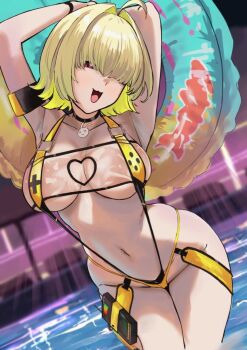1girl ahoge armpits breasts commentary_request elegg_(boom_and_shock)_(nikke) elegg_(nikke) goddess_of_victory:_nikke hair_intakes holding holding_swim_ring innertube kv0vr large_breasts navel official_alternate_costume pool purple_eyes short_hair slingshot_swimsuit solo stomach swim_ring swimsuit thighs yellow_slingshot_swimsuit