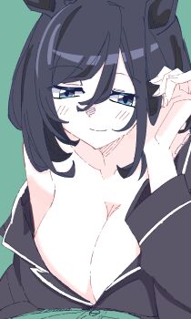 1girl absurdres animal_ears black_hair breasts cleavage collarbone commentary eishin_flash_(umamusume) english_commentary green_background hair_between_eyes half-closed_eyes highres horse_ears large_breasts looking_at_viewer pajamas spynai_(klimatic) umamusume