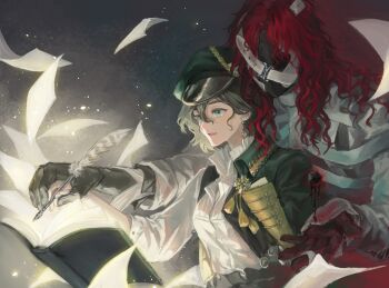 1boy 1girl :d absurdres aleph_(reverse:1999) behind_another black_gloves black_mask black_vest book brown_hair cape covered_face dark_background dice earrings flying_paper gloves green_cape green_eyes green_hat guiding_hand hat hat_feather highres holding holding_hands holding_quill issueonsxlt jewelry light_particles long_hair looking_at_object mole mole_under_eye newsboy_cap open_book open_clothes open_mouth open_vest paper polyhedral_dice quill recoleta_(reverse:1999) red_hair reverse:1999 shirt short_hair smile upper_body vest wavy_hair white_shirt