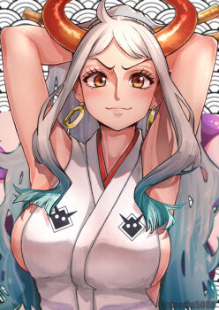 >:) 1girl ahoge aosora2823 arms_behind_head arms_up bare_arms breasts closed_mouth curled_horns earrings eyelashes green_hair grey_hair hair_ornament hair_stick highres horns japanese_clothes jewelry kimono large_breasts lips long_hair looking_at_viewer multicolored_hair multicolored_horns one_piece oni orange_horns red_horns rope shimenawa sideboob sleeveless sleeveless_kimono smile smug solo twitter_username upper_body v-shaped_eyebrows very_long_hair yamato_(one_piece) yellow_eyes