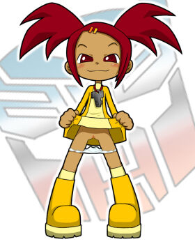 1girl blush boots clothes_lift dark-skinned_female dark_skin dress dress_lift female_focus gshinobi key loli looking_at_viewer panties panty_pull pussy red_eyes red_hair sari_sumdac smile solo transformers transformers_animated twintails uncensored underwear white_panties