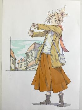 1girl bag black_boots blonde_hair blue_sky boots brown_coat brown_skirt building coat commentary_request finger_frame full_body grey_eyes highres long_skirt one_eye_closed open_clothes open_coat original peter_salt red_scarf scarf shirt short_hair shoulder_bag skirt sky solo standing topknot town traditional_media white_shirt