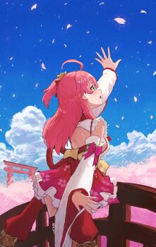 1girl ahoge arm_bow arm_up back bell blue_sky blush bow breasts cherry_blossoms cloud cloudy_sky day detached_sleeves green_eyes hair_bell hair_ornament hair_ribbon hakama hakama_short_skirt hakama_skirt highres hololive japanese_clothes large_breasts long_hair long_sleeves looking_up one_side_up open_mouth outdoors pink_bow pink_hair pink_hakama red_ribbon ribbon ryoha_kosako sakura_miko sakura_miko_(1st_costume) sash shirt shoulder_blades skirt sky solo thighs torii virtual_youtuber white_shirt white_sleeves yellow_sash