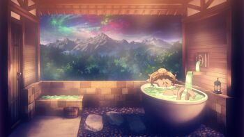 1girl animated anime_screenshot ass back bathing bathroom bathtub blonde_hair blue_eyes breasts collarbone completely_nude feet highres kekkon_yubiwa_monogatari large_breasts morion_ravri_nokanatika nipples nude partially_submerged shoulder_blades smile sound tagme twintails video water