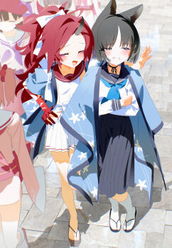 4girls absurdres animal_ear_fluff animal_ears beret black_eyes black_hair blue_archive blue_haori blue_neckerchief blush bm_tol cat_ears cat_girl closed_eyes closed_mouth grin half-closed_eyes hand_on_own_hip haori hat highres horns japanese_clothes kikyou_(blue_archive) kimono long_hair multiple_girls neckerchief no_socks open_mouth pink_kimono ponytail purple_neckerchief red_hair red_hat renge_(blue_archive) sailor_collar sandals shirt short_hair single_horn skirt smile tabi toes white_sailor_collar white_shirt white_skirt