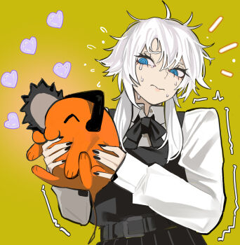 1girl absurdres black_dress blue_eyes chainsaw chainsaw_man collared_shirt commentary dress english_commentary green_background heart highres messy_hair pinafore_dress pochita_(chainsaw_man) ringed_eyes sailen0 shirt sleeveless sleeveless_dress sweat white_hair famine_devil_(chainsaw_man) white_shirt