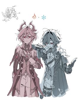 2boys :d absurdres ahoge arm_on_another's_shoulder armor belt belt_collar black_belt black_gloves black_shirt capelet choker coat collar collared_shirt commentary_request crossed_bangs cryo_symbol_(genshin_impact) dragon_horns durin_(genshin_impact) earrings folded_wings genshin_impact gloves grin hair_between_eyes hand_on_own_chest highres holding holding_knife holding_weapon horns jewelry knife limited_palette lohen_(genshin_impact) long_sleeves looking_at_viewer male_focus medium_hair mole mole_under_eye multiple_boys nicole_(genshin_impact) open_mouth pants pyro_symbol_(genshin_impact) red_eyes serious shirt short_hair shoulder_armor single_earring sketch_background smile thigh_strap tooooo_hu weapon white_background white_gloves white_pants