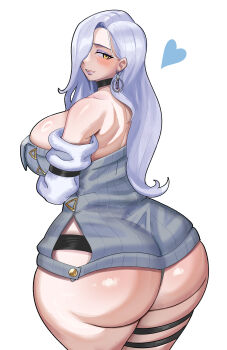 1girl absurdres ass bare_shoulders breasts choker crossed_arms detached_sleeves dress earrings fate/grand_order fate_(series) female_focus heart highres hoop_earrings huge_ass jewelry large_breasts light_blush long_hair mrs._snake_(fate) shiny_skin simple_background sweater sweater_dress thick_thighs thigh_strap thighs white_background white_hair yellow_eyes ytrall