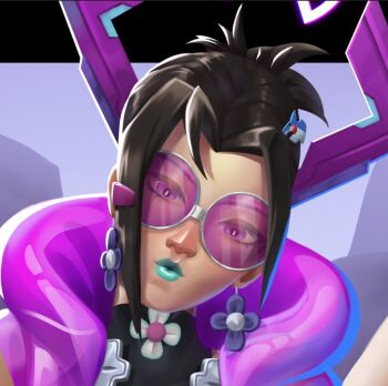 Rule 34 | 1girl, aga art, aqua lips, black hair, earrings, galacta, galacta (rivals' day 2025), horns, jewelry, looking at viewer, marvel, marvel rivals, official alternate costume, pink-tinted eyewear, portrait, round eyewear, solo, tinted eyewear
