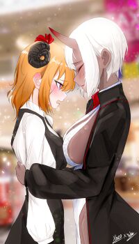 Rule 34 | 2girls, absurdres, black coat, black dress, blurry, blurry background, blush, breasts, closed eyes, coat, commentary, commentary request, couple, curled horns, dark-skinned female, dark skin, depth of field, dress, english commentary, eyeshadow, from side, highres, horns, hug, large breasts, makeup, multiple girls, orange hair, original, profile, purple eyes, shirt, short hair, sideboob, skin-covered horns, white hair, white shirt, yuka 1503, yuri
