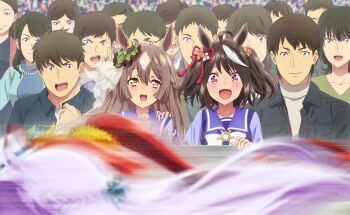 6+boys 6+girls ahoge animal_ears anime_coloring aqua_ribbon artist_request audience black_hair blue_sailor_collar blue_shirt bow bowtie breasts brooch brown_hair cheering collarbone day diamond_(shape) dot_nose ear_ornament eyes_visible_through_hair feather_hair_ornament feathers fingernails floating_hair flower from_side game_cg green_ribbon hair_between_eyes hair_flower hair_ornament hair_ribbon hair_scrunchie hand_on_another&#039;s_shoulder happy highres horse_ears horse_girl horseshoe_ornament interlocked_fingers jewelry kitasan_black_(umamusume) light_blush long_hair long_sleeves looking_at_another medium_breasts mejiro_mcqueen_(end_of_the_skies)_(umamusume) mejiro_mcqueen_(umamusume) motion_blur multicolored_hair multiple_boys multiple_girls nape_braid official_alternate_costume official_art open_mouth outdoors own_hands_clasped own_hands_together pink_flower ponytail purple_hair racing red_eyes red_ribbon ribbon running sailor_collar satono_diamond_(umamusume) school_uniform scrunchie see-through_ribbon shirt smile streaked_hair tareme teeth tokai_teio_(beyond_the_horizon)_(umamusume) tokai_teio_(umamusume) tracen_school_uniform two_side_up umamusume upper_teeth_only very_long_hair whispering white_bow white_bowtie white_flower white_ribbon yellow_eyes yellow_scrunchie