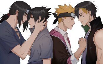 4boys adoptive_siblings black_hair black_headband black_jacket blonde_hair blue_nails boruto:_two_blue_vortex brothers clenched_hand closed_eyes earrings expressionless facial_mark facial_tattoo fishnet_top fishnets forehead_protector hand_on_another's_chest headband highres ifevilwhyuhot jacket jewelry kawaki_(boruto) konohagakure_symbol light_frown male_focus multicolored_hair multiple_boys muscular muscular_male naruto_(series) naruto_shippuuden necklace ponytail ring scar scar_across_eye scar_on_face siblings sleeves_rolled_up smile stud_earrings tattoo torn_clothes torn_coat two-tone_hair uchiha_itachi uchiha_sasuke undercut uzumaki_boruto