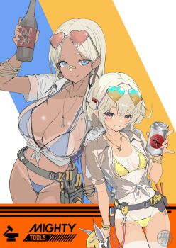 1977_oj3 2girls absurdres alternate_costume bikini blonde_hair blue_bikini bottle breasts can centi_(nikke) centi_(ocean_repair)_(nikke) eyewear_on_head goddess_of_victory:_nikke heart heart-shaped_eyewear highres holding holding_bottle holding_can jewelry large_breasts liter_(nikke) long_hair micro_bikini midriff mighty_tools_(nikke) multiple_girls necklace official_alternate_costume see-through_clothes see-through_shirt shirt short_hair small_breasts swimsuit tan tanline thigh_gap tied_shirt tools volt_(nikke) white_shirt yellow_bikini