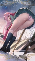 1girl animated ass bent_over blurry blurry_background card_(medium) card_parody chain-link_fence character_name copyright_name darling_in_the_franxx fence from_behind from_below glowing green_eyes headband horns horns_through_headwear house jacket kneehighs looking_at_viewer looking_back necktie panties pantyshot pink_hair pink_panties pleated_skirt scarf scarf_over_mouth school_uniform shoes skirt sky skyline snow snowing socks standing star_(symbol) third-party_edit tiptoes underwear video yijian_ma zero_two_(darling_in_the_franxx)
