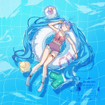 Rule 34 | 1girl, blue hair, closed eyes, feet in water, food, hatsune miku, highres, innertube, long hair, lying, parfait, pool, swim ring, swimsuit, twintails, very long hair, vocaloid, yuzuha wasa