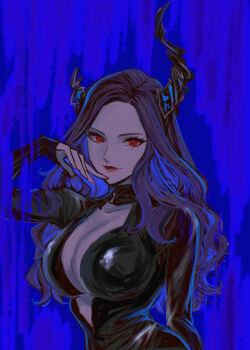 Rule 34 | 1girl, asymmetrical horns, biker clothes, bikesuit, black bodysuit, black hair, black horns, blue background, blue hair, bodysuit, breasts, highres, hololive, hololive english, horns, large breasts, mole, mole under eye, multicolored hair, nerissa ravencroft, red eyes, red lips, red nails, solo, two-tone hair, virtual youtuber, yuri kyanon